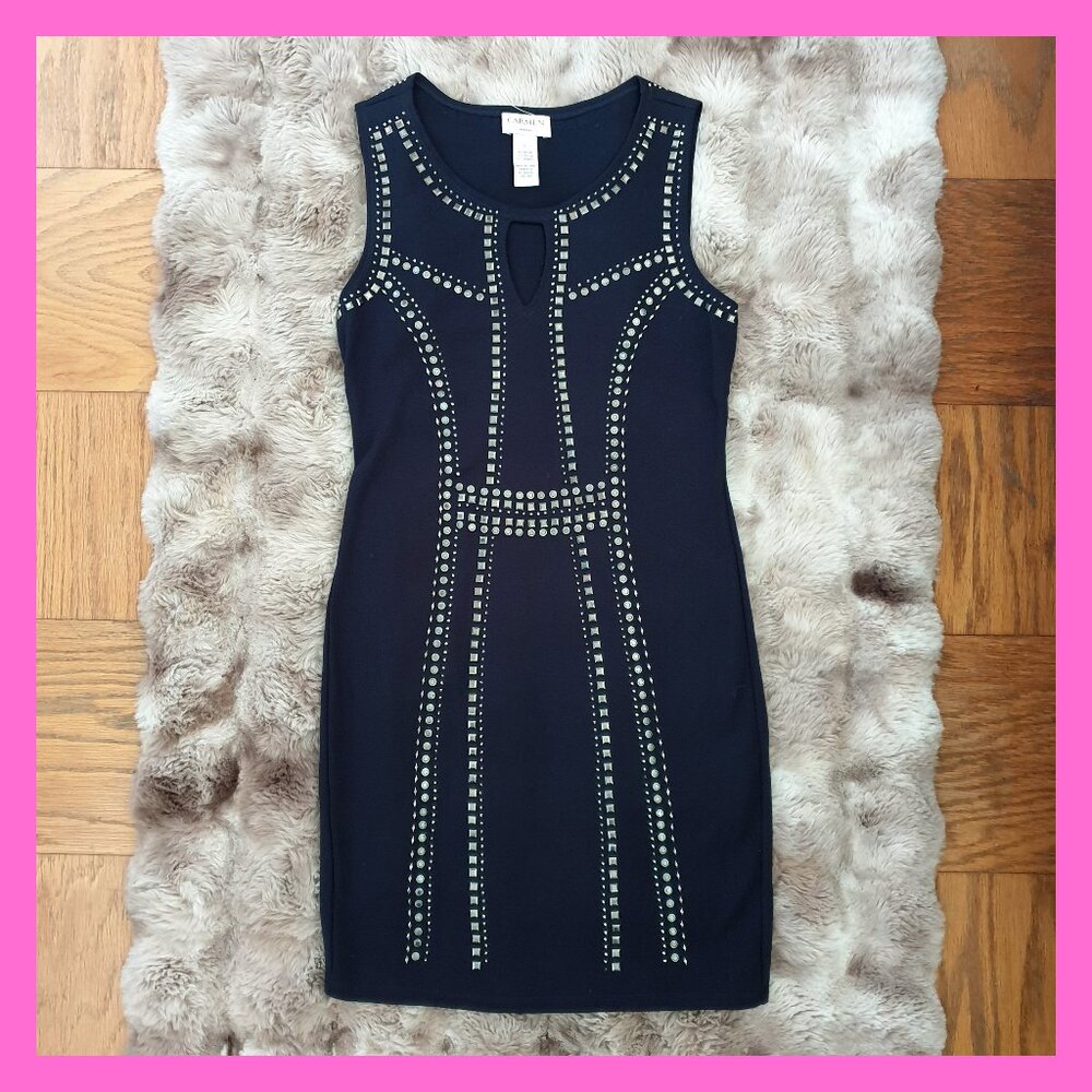 Carmen Marc Valvo Studded Beaded Back Cocktail Dress Sleeveless Bodycon - S
